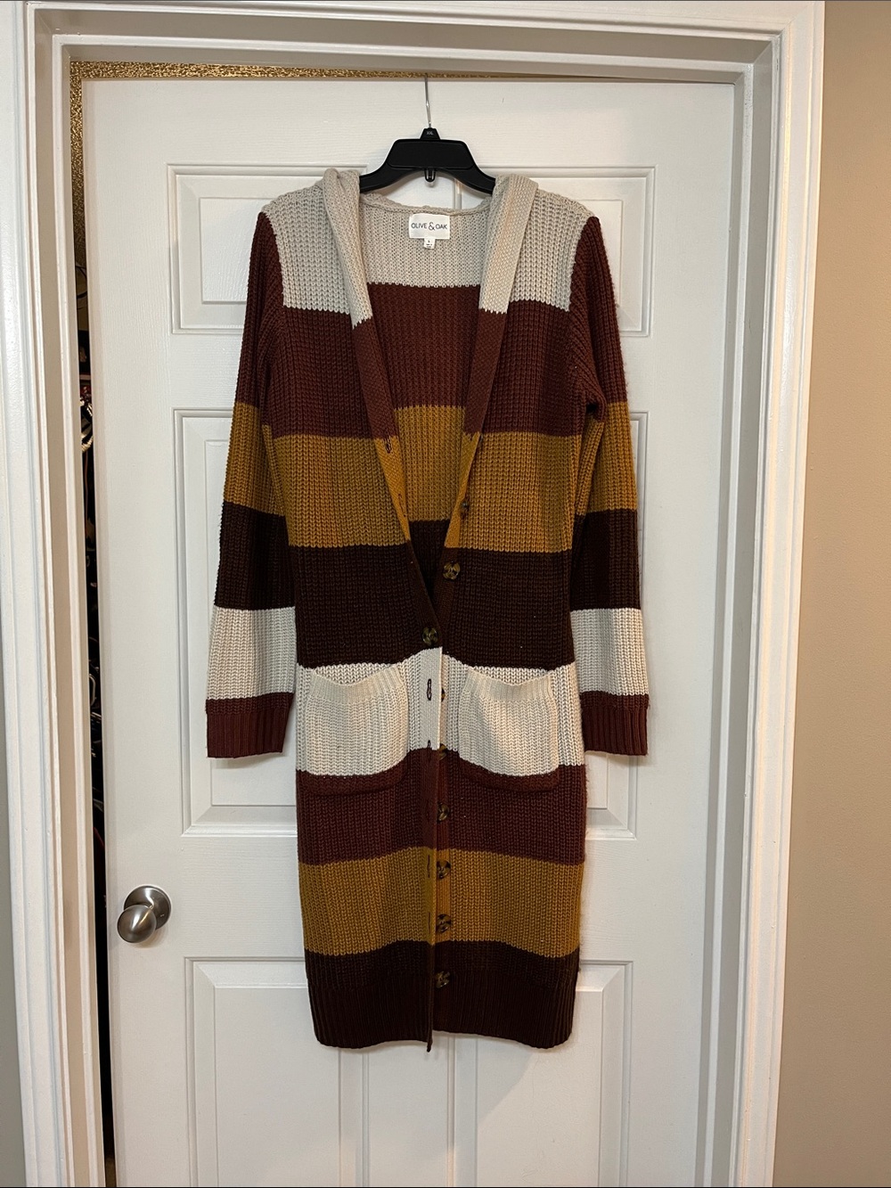 Olive & Oak Hooded Striped Button-Front Cardigan